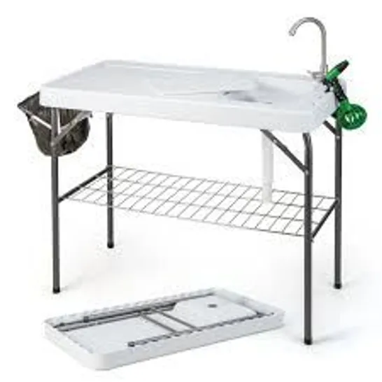 BOXED COSTWAY 108cm PORTABLE CAMPING SINK TABLE WITH GRID RACK