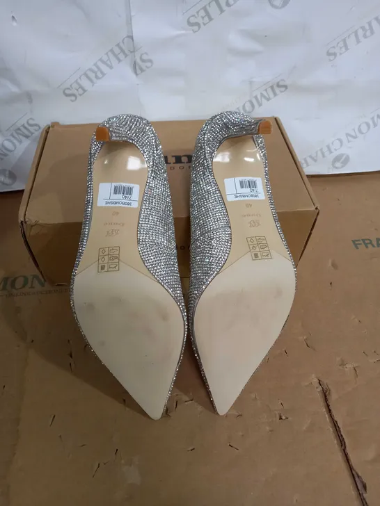 BOXED PAIR OF DUNE SILVER DIAMANTE ENCRUSTED HIGH HEEL SHOES SIZE 7