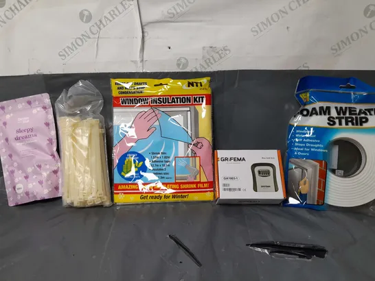 BOX OF APPROXIMATELY 14 ASSORTED ITEMS TO INCLUDE - FOAM WEATHER STRIP , WINDOW INSULATION KIT , CABLE TIES ETC