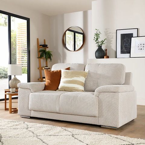 BOXED DESIGNER KANSAS DOTTED CREAM FABRIC FIXED TWO SEATER SOFA 