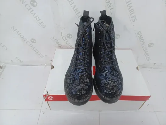 BOXED PAIR OF RIEKER LACE UP BOOTS IN NAVY SIZE 7.5 