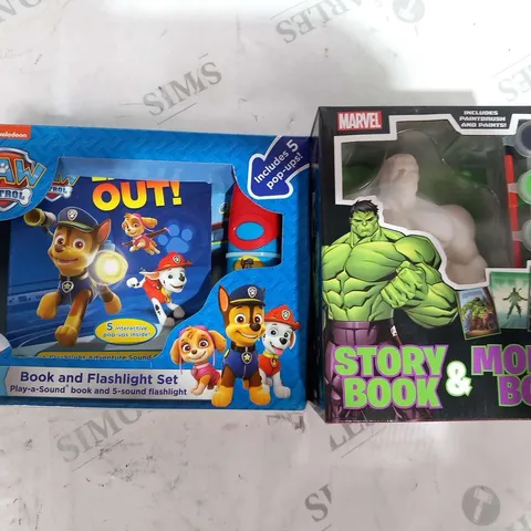 FOUR BOXED PAW PATROL BOOK AND FLASHLIGHT SET AND MARVEL HULK STORYBOOK AND MONEYBOX