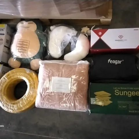 PALLET OF ASSORTED ITEMS INCLUDING ELVIROS MEMORY FOAM CERVICAL PILLOW, SNORLAX PLUSH, MY HOME EMBROIDERED BEDSPREAD, NUBY ACTIVITY PILLOW, FEAGER, YEARNING HOME  