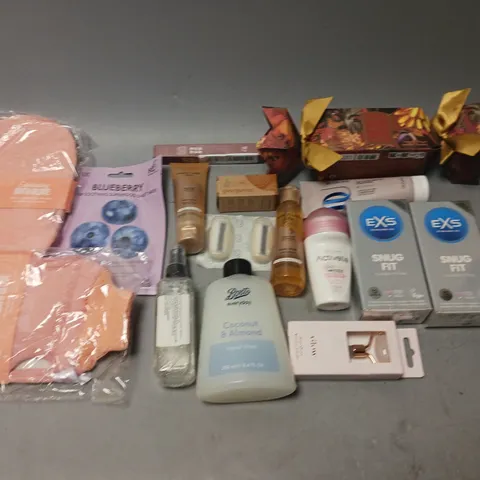 BOX OF APPROXIMATELY 20 COSMETIC ITEMS TO INCLUDE - FACE MASK, BODY SCRUB, CONDOMS, AND GRANADO PERFUME ETC. 