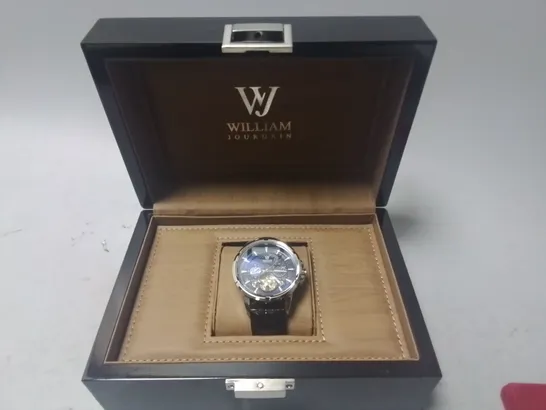 WILLIAM JOURDAIN STAINLESS STEEL GENTS CHRONOGRAPH WATCH WITH SKELETON BACK AND BLACK LEATHER STRAP IN WOODEN GIFT BOX