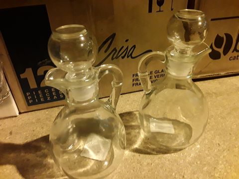 TWO CASES OF 12 GLASS CRUETS WITH STOPPERS 6oz