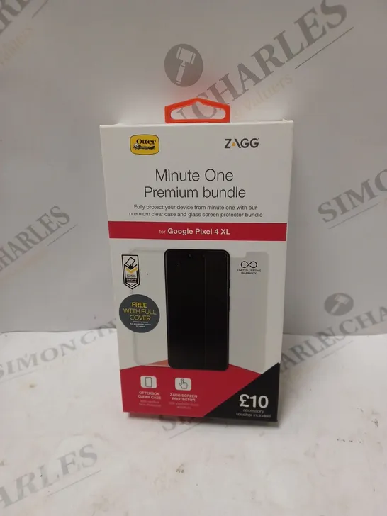 BOX OF APPROXIMATELY 20 ZAGG MINUTE ONE PREMIUM BUNDLE GOT GOOGLE PIXEL 4 XL