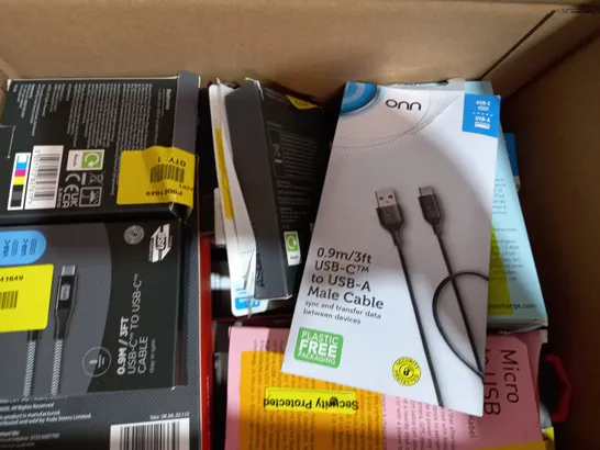 BOX OF APPROXIMATELY 20 ASSORTED HOUSEHOLD ITEMS TO INCLUDE ASDA TECH SYNC AND CHARGE CABLE, ONN MICRO USB MAINS CHARGER, STK CONNECT MICRO USB CHARGING CABLE, ETC