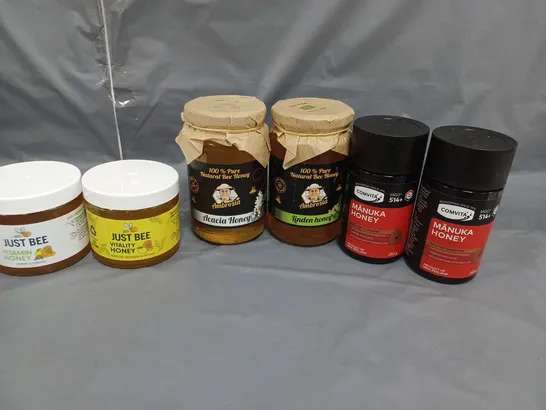 LOT OF 6 JARS OF HONEY ASSORTED BRANDS, FLAVOURS AND SIZES