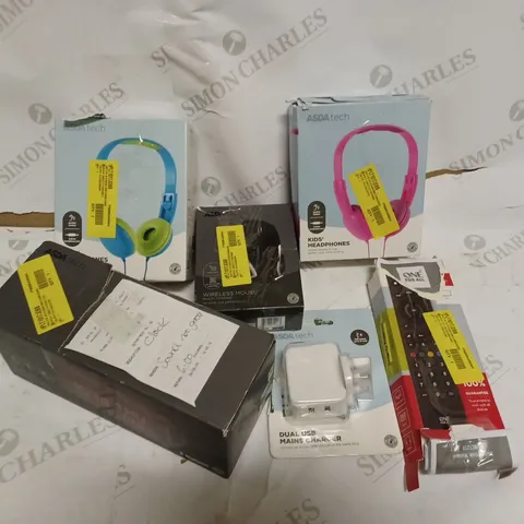 BOX OF ASSORTED ASDA ELECTRICALS INCLUDING - KIDS HEADPHONES, REMOTES, DUAL USB MAINS CHARGER