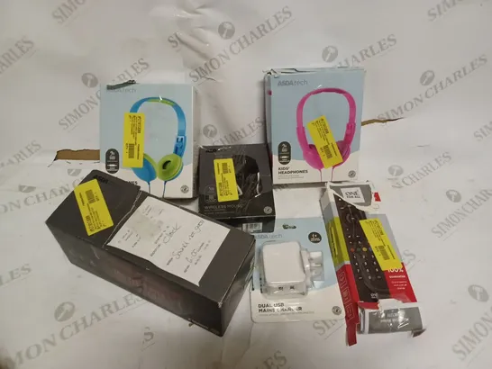 BOX OF ASSORTED ASDA ELECTRICALS INCLUDING - KIDS HEADPHONES, REMOTES, DUAL USB MAINS CHARGER