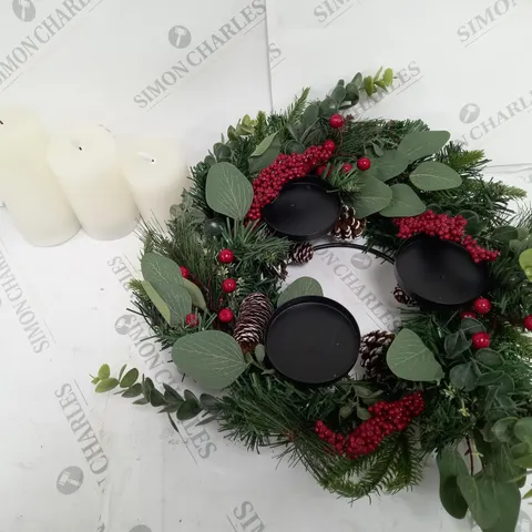 HOME REFLECTIONS 3 IN 1 FLAMELESS CANDLE WITH WREATH SET RED BERRY