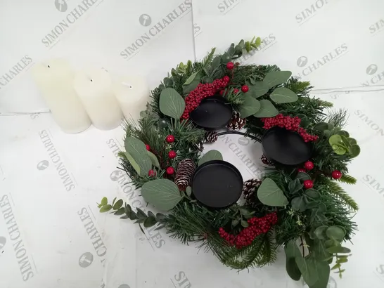 HOME REFLECTIONS 3 IN 1 FLAMELESS CANDLE WITH WREATH SET RED BERRY