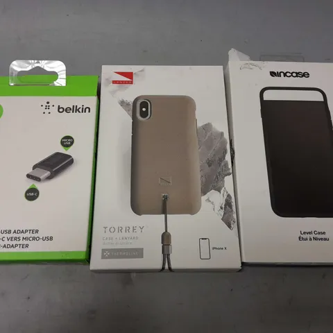 APPROXIMATELY 20 ASSORTED PHONES CASES AND ELECTRICALS TO INCLUDE INCASE LEVEL CASE, TORREY THERMOLINE CASE + LANYARD, BELKIN USB-C TO MICRO USB ADAPTER, ETC