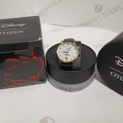 CITIZEN ECO-DRIVE DISNEY MICKEY MOUSE WATCH WITH BLACK LEATHER STRAP DETAIL 