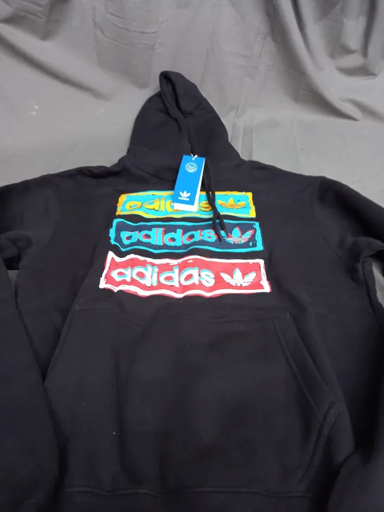 ADIDAS 3 LOGO PRINT BLACK HOODIE - SMALL