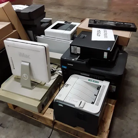 PALLET OF ASSORTED OFFICE EQUIPMENT INCLUDING PRINTERS, DESKTOP & ROUTERS