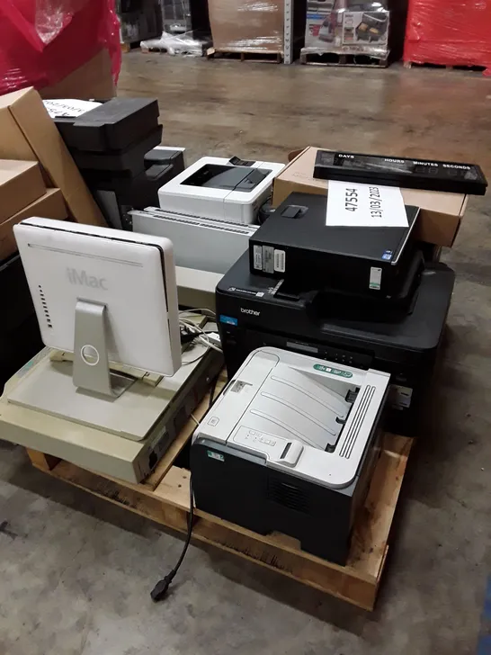 PALLET OF ASSORTED OFFICE EQUIPMENT INCLUDING PRINTERS, DESKTOP & ROUTERS