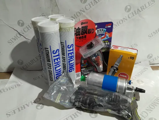 APPROXIMATELY 20 ASSORTED ITEMS TO INCLUDE BOX OF SPARK PLUGS, STERLING LITHIUM EP2 GREASE, GLASS COMUND ROLL ON, ELECTRIC FUEL PUMP ETC. 