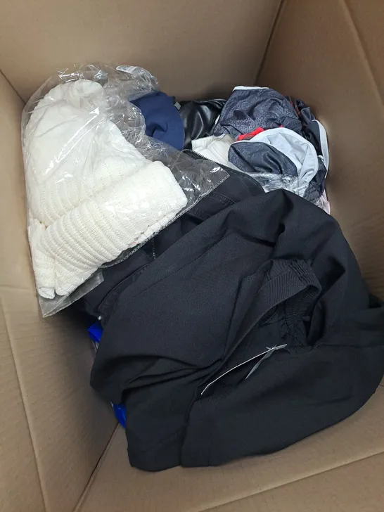 BOX OF APPROXIMATELY 20 ASSORTED CLOTHING ITEMS VARYING IN SIZE/COLOUR/STYLE TO INCLUDE: TOPS, TROUSERS, JUMPERS