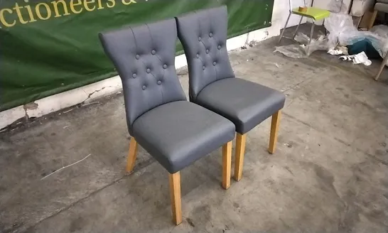 PAIR OF BEWLEY GREY LEATHER BUTTON BACK DINING CHAIRS WITH OAK LEGS 