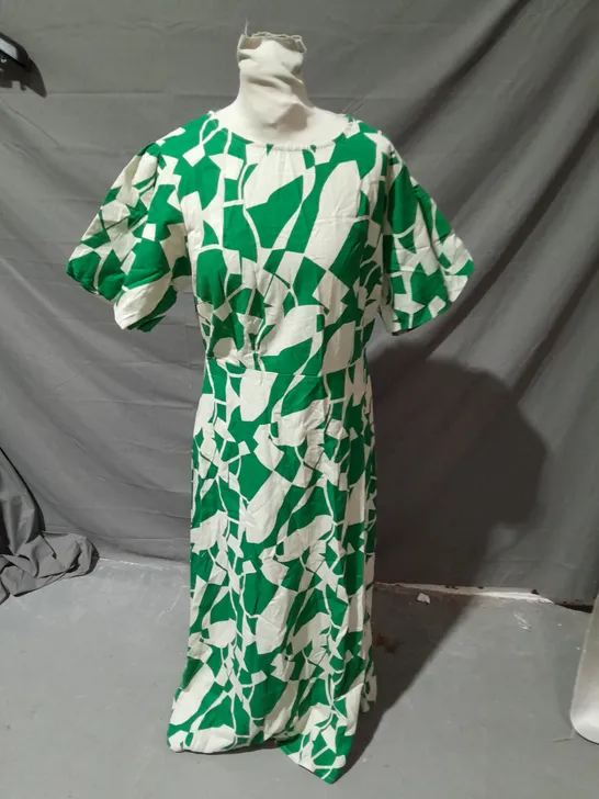 PRINCIPLES LINEN BLEND ABSTRACT PUFF SLEEVE MIDI DRESS GREEN SIZE 14