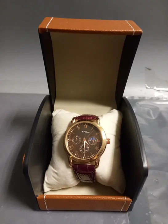 LA BANUS MENS WATCH IN GOLD WITH BURGUNDY TEXTURED LEATHER STRAP 