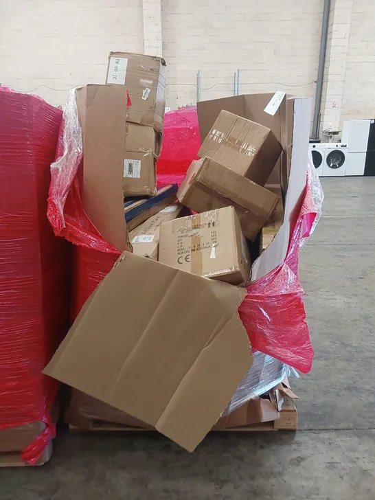 PALLET OF ASSORTED HOUSEHOLD ITEMS AND CONSUMER PRODUCTS TO INCLUDE; ROLLING STOOL, 3-TIER STORAGE RACK, BOXED FURNITURE ETC