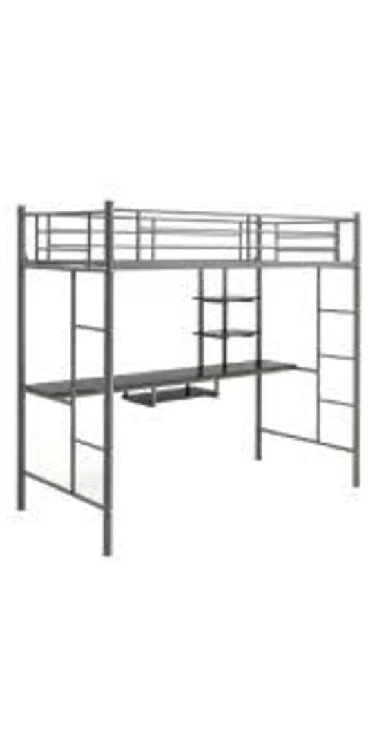 BOXED COSTWAY SIGLE METAL LOFT BED FRAME HIGH SLEEPER BUNK BED W DESK STORAGE SHELVES - SILVER (1 BOX)