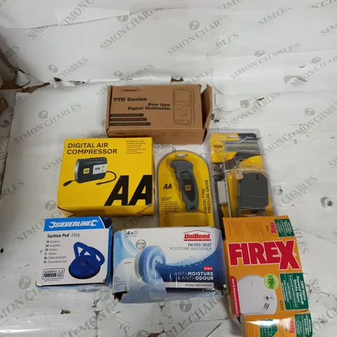 7 ASSORTED HOUSEHOLD ITES TO INCLUDE AA DIGITAL AIR COMRESSOR, SILVERLINE SUCTION PAD, AND YALE DEADLOCK ETC. 