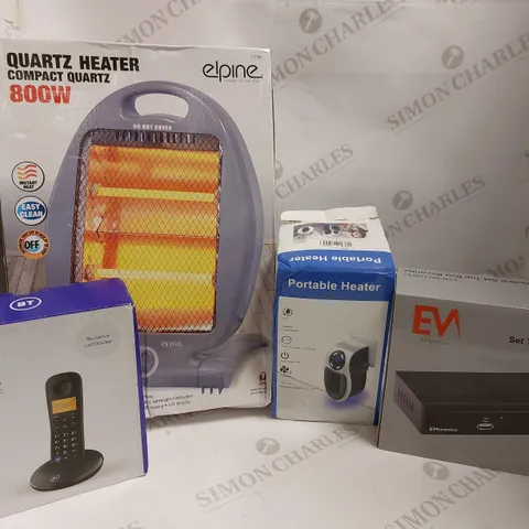 BOX OF APPROX 6 ITEMS TO INCLUDE PORTABLE HEATER, BT EVERYDAY PHONE AND EMTRONIC FREEVIEW RECORDER