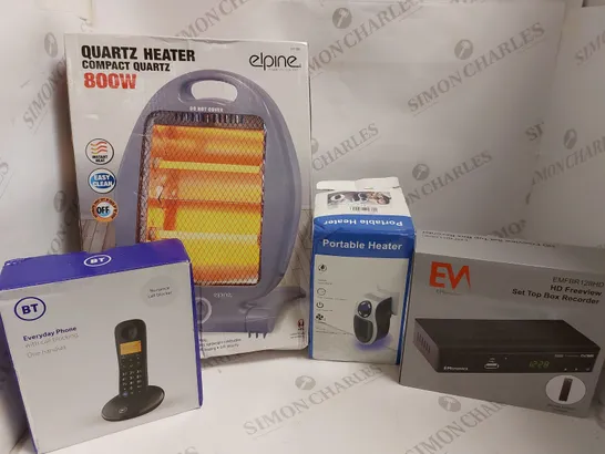 BOX OF APPROX 6 ITEMS TO INCLUDE PORTABLE HEATER, BT EVERYDAY PHONE AND EMTRONIC FREEVIEW RECORDER