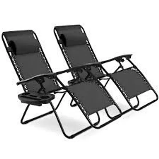 BOXED COSTWAY 2PC FOLDING ZERO GRAVITY RECLINING LOUNGE CHAIRS BEACH PATIO W/UTILITY TRAY - BLACK