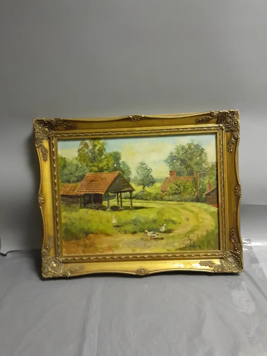 FRAMED FARMHOUSE CANVAS PAINTING SIGNED L.ASHER