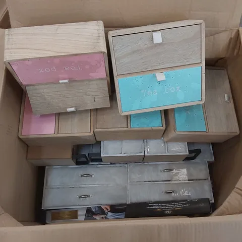 BOX OF ASSORTED HOUSEHOLD GOODS AND PRODUCTS INCLUDING; TRAYS, TEA STORAGE BOXES, JEWELLERY DESKTOP STORAGE UNITS ETC