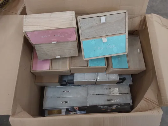 BOX OF ASSORTED HOUSEHOLD GOODS AND PRODUCTS INCLUDING; TRAYS, TEA STORAGE BOXES, JEWELLERY DESKTOP STORAGE UNITS ETC