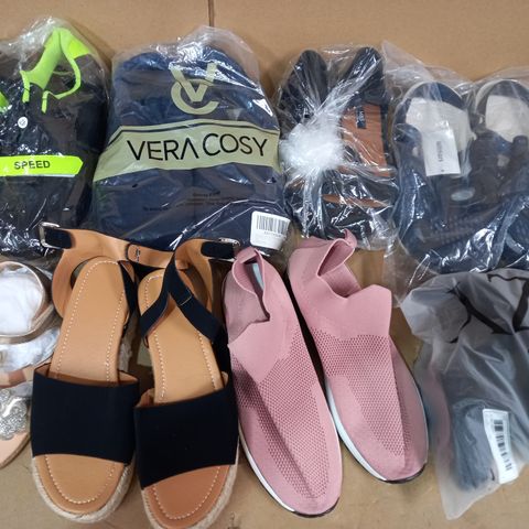 BOX OF APPROXIMATELY 15 ASSORTED PAIRS OF FOOTWEAR ITEMS TO INCLUDE GOLD EFFECT SANDALS EU SIZE 33, CLOTH NAVY SLIPPERS UK SIZE 9, BLACK/GREEN CYCLING SHOES SIZE UNSPECIFIED, ETC