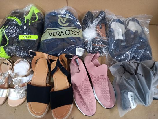 BOX OF APPROXIMATELY 15 ASSORTED PAIRS OF FOOTWEAR ITEMS TO INCLUDE GOLD EFFECT SANDALS EU SIZE 33, CLOTH NAVY SLIPPERS UK SIZE 9, BLACK/GREEN CYCLING SHOES SIZE UNSPECIFIED, ETC