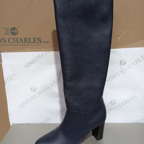 PETER KAISER KNEE HIGH LEATHER HEELED BOOTS, NAVY - SIZE 6