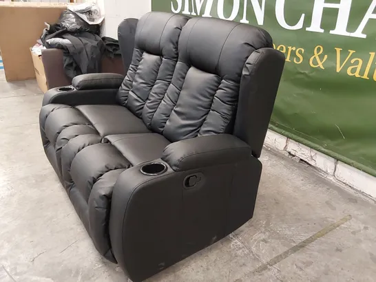 DESIGNER BLACK LEATHER 2-SEATER RECLINING SOFA WITH CUP HOLDERS 