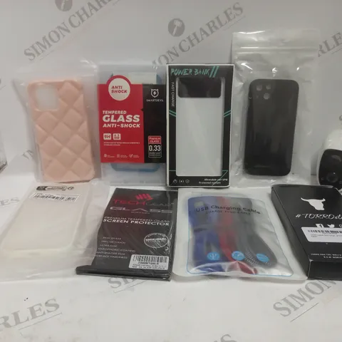 APPROXIMATELY 15 ASSORTED SMARTPHONE ACCESSORIES TO INCLUDE CASES, SCREEN PROTECTORS, CHARGING CABLES ETC 