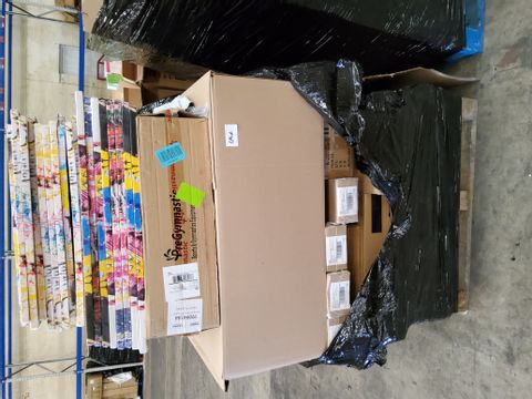 PALLET OF ASSORTED ITEMS INCLUDING FRAMELESS PRINTS, FOLDING 8' EXCERCISE EQUIPMENT, 