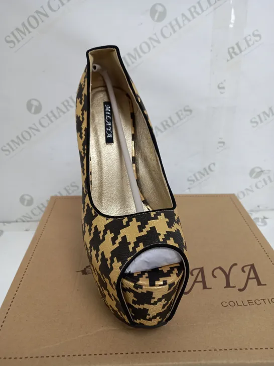 BOX OF 7 PAIRS OF MILAYA BLACK & GOLD HIGH HEELS 