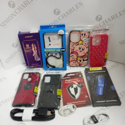 BOX TO CONTAIN APPROX. 25 X ASSORTED PHONE ACCESSORIES. INCLUDES PHONE CASES, CHARGING CABLES & SCREEN PROTECTORS ETC.