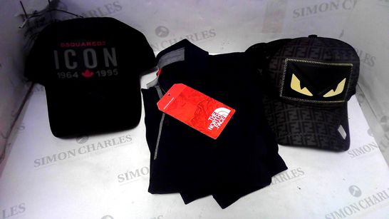 LOT OF 3 ASSORTED CLOTHING ITEMS, TO INCLUDE FENDI CAP, DSQUARED CAP & NORTH FACE POLO