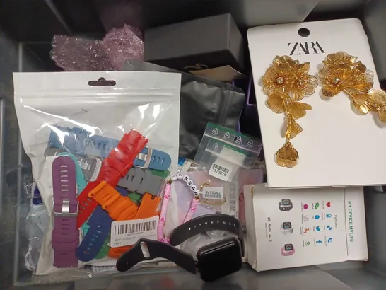 BOX OF APPROX 20 ASSORTED ITEMS TO INCLUDE - SEANTUA 10 PACK OF WATCH STRAPS - ZARA EARINGS - MY LIFE SMART WATCH ECT