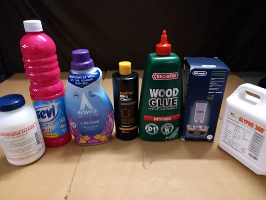 LOT OF 4 CRATES OF ASSORTED HOUSEHOLD LIQUID ITEMS TO INCLUDE WOOD GLUE, ASTONISH NON-BIO AND GLYPHO 360 - COLLECTION ONLY