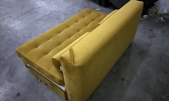 DESIGNER MUSTARD PLUSH VELVET SMALL SOFABED WITH STROLL CUSHIONS (SIDES MISSING)