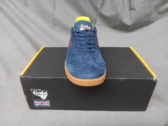 BOXED PAIR OF GOLA HURRICANE SUEDE SHOES IN NAVY/BURGUNDY/SUN UK SIZE 7