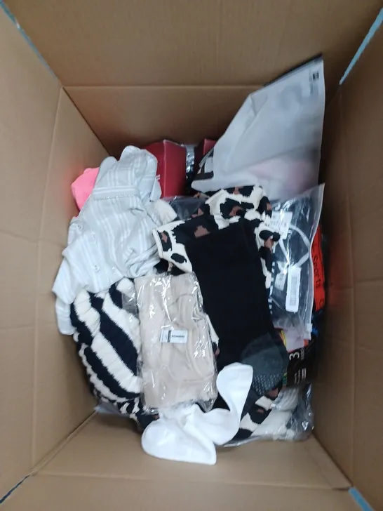 BOX OF ASSORTED CLOTHING ITEMS TO INCLUDE SOCKS, TOPS, PYJAMAS ETC 